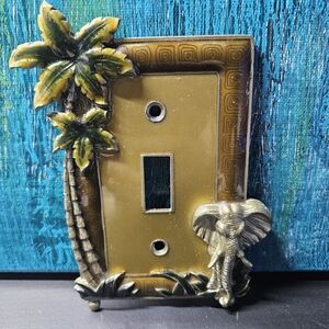 VINTAGE Tropical Palm Tree and Elephant Light Switch Cover Pewter & Enamel